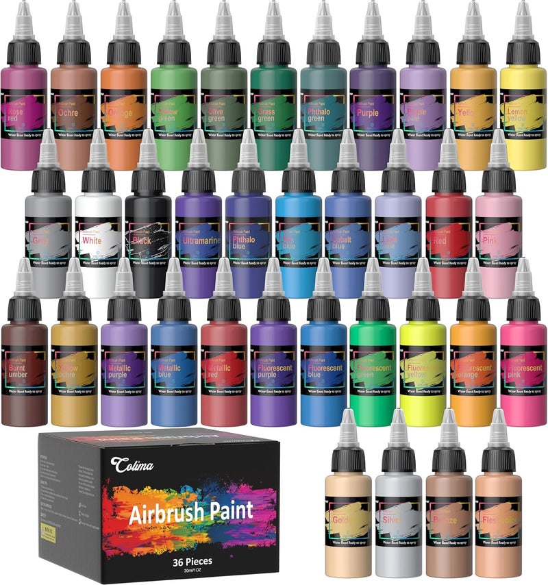 Colima Airbrush Paint – 36 Colors, Opaque & Brilliant | Ready-to-Spray Water-Based Acrylic Paint Set for Metal, Plastic Models, Canvas & Wood – Perfect for Artists Beginners & Hobbyists-30ml/OZ - Image 1